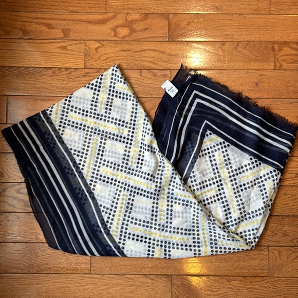 Dunnes Stores Sheer Pastel Yellow, Navy Blue & White Polka Dot Scarf - Picture 6 of 6